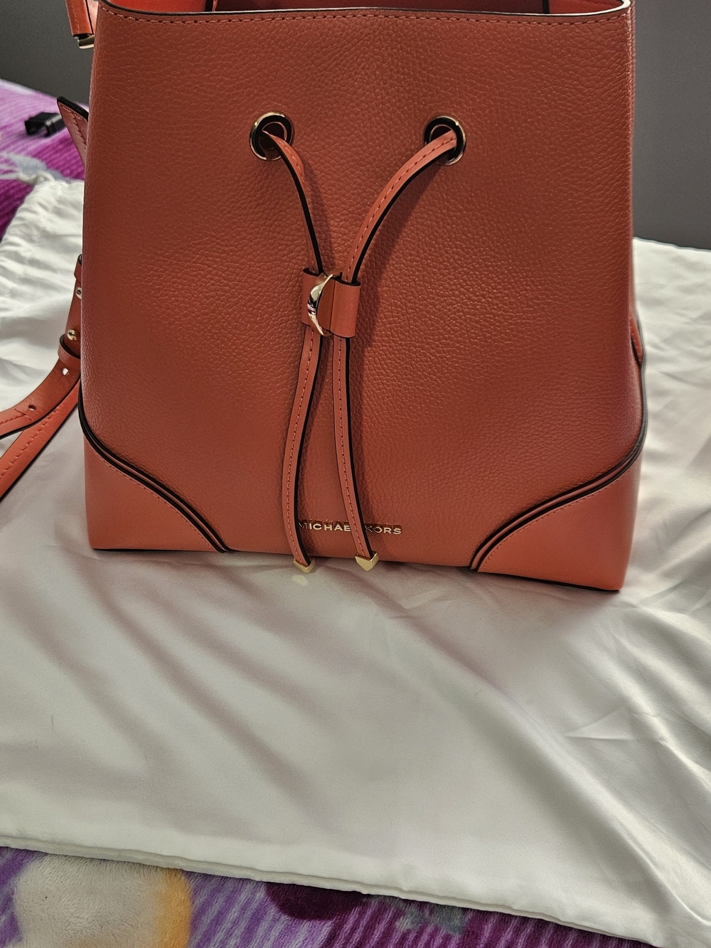 Michael Kors Coral-Orange Pebbled Leather Drawstring Shoulder Bucket Bag